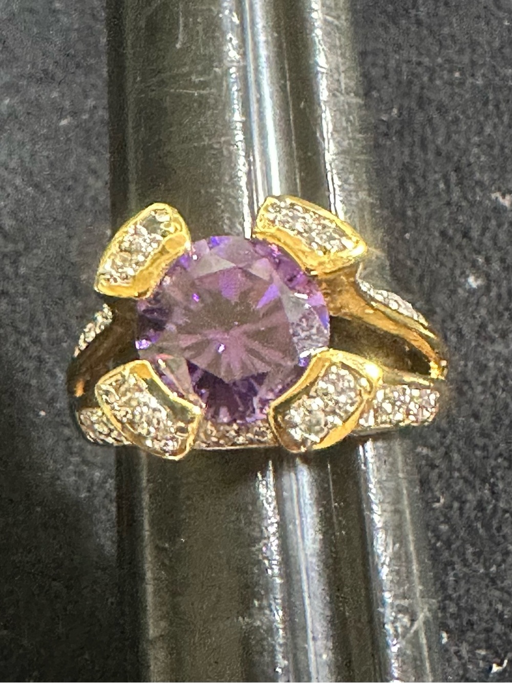 NWT: Vtg 14KT Gold Electroplate Large Purple & Clear Rhinestone Cocktail Ring